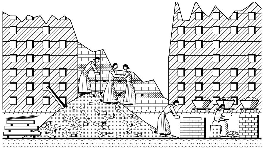 In the rubble years the city was mined by hand. The bricks were cleaned and laid again, and the iron went back to the furnaces.