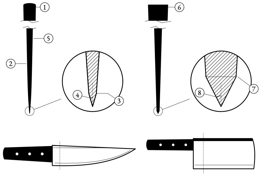 Two blades cut through across their width. The chef's knife is paper-thin behind its edge, while the cleaver keeps its weight and meets the bone with a thicker bevel.