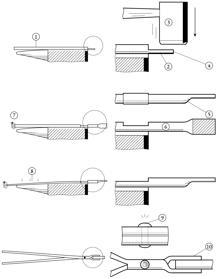 The first thing forged is the tongs. Three set-downs and two quarter turns make each half, and a single rivet joins them.