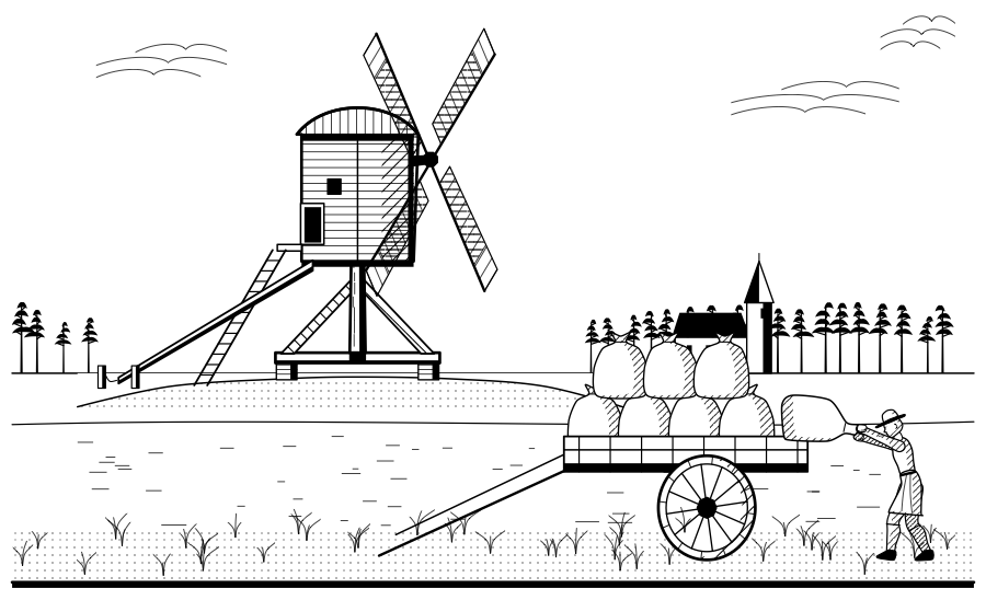 A post mill on its single oak pillar, turned into the wind by its tail-pole. One stood in every Brandenburg village.