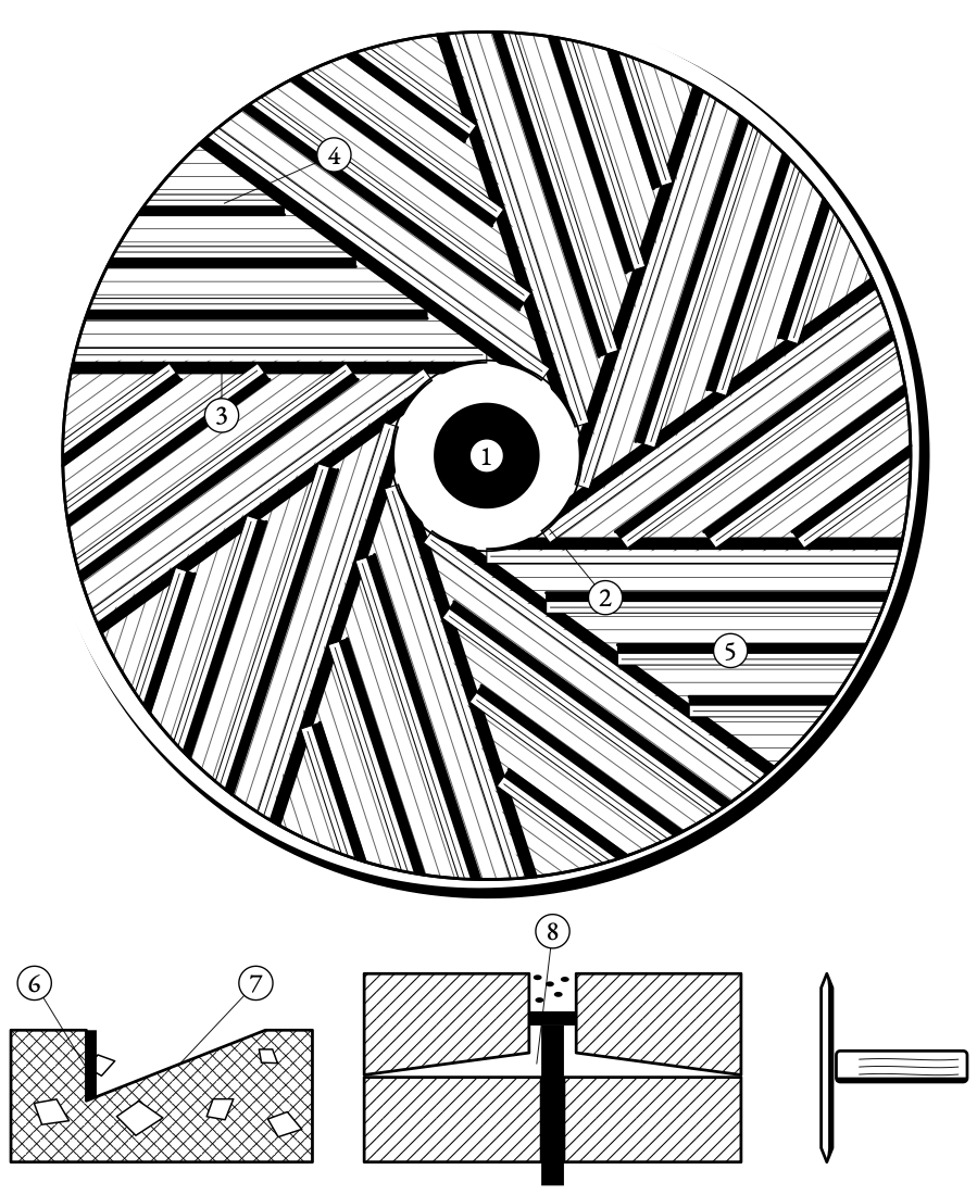 The miller's harp. Ten quarters, each with a master furrow off the radius and three shorter furrows behind it, so the two stones cross like scissor blades.