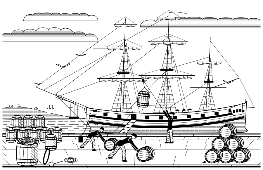 Sauerkraut going aboard for the Pacific in 1772. In three years at sea not one man was lost to scurvy.