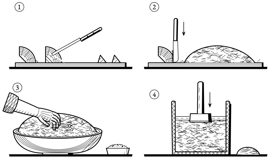 Sauerkraut in four steps. Quarter and core, shred, knead with the salt until the juice runs, and ram it down into the crock.