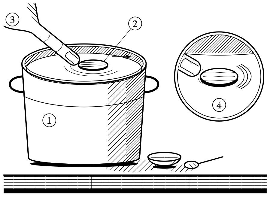 Testing home rennet. A scrap of bark floats on the milk and is nudged each minute, and when it sticks the milk has set.
