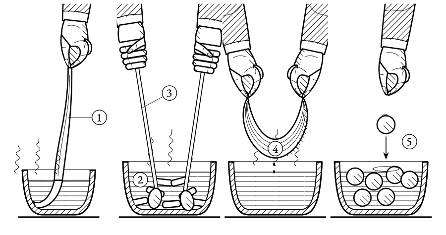 Stretching mozzarella. When a test strip pulls into a shining rope, the curd is cut into hot water, worked and folded, and pinched off into cold brine.