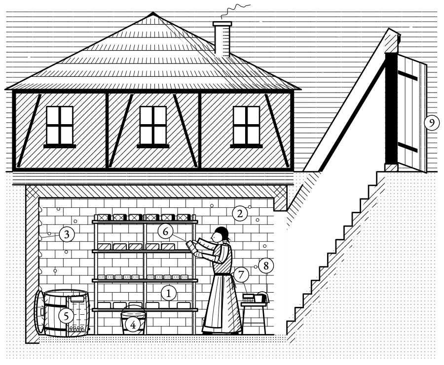 The cheese cellar. The wheels sit on spruce boards against a sweating wall, and in a dry August the water is carried down the stairs, not up.