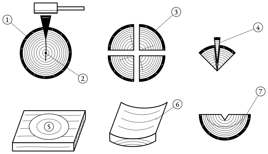 Split the plate from the radius of the log so the rings stand on edge through its thickness. A board with its rings lying flat cups into a saucer as it dries.