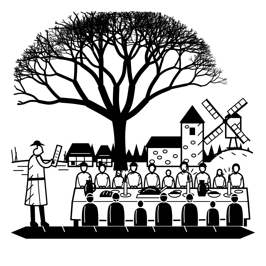 The feast at Martinmas. The village reads out its days owed and given, and settles them over one long table.